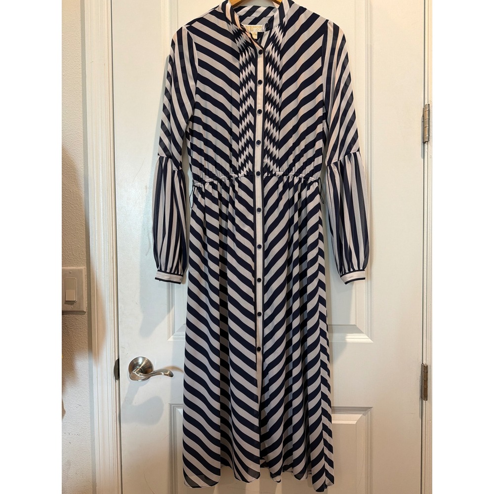 Michael Kors Navy Blue White Striped Midi Dress Long Bell Sleeves Small